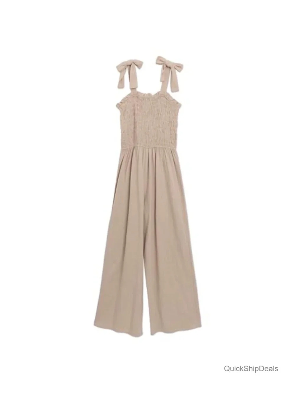 Smocked Bodice Wide Leg Jumpsuit with Bow Straps